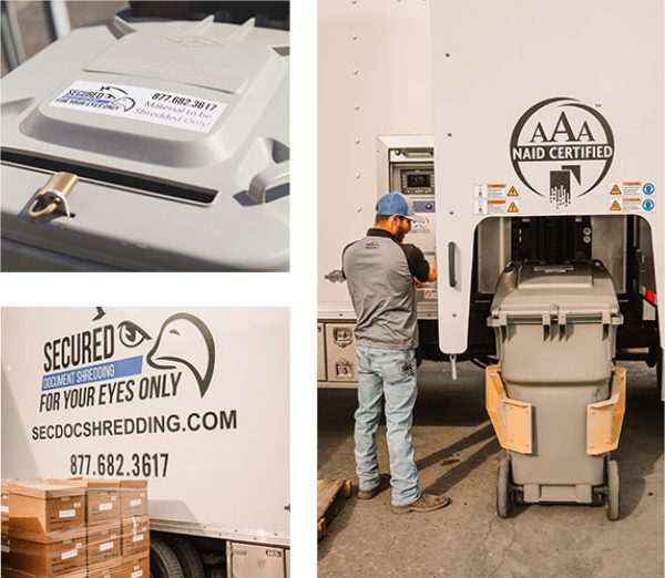 Secured Document Shredding shredding process, bins and boxes being loaded into shred truck