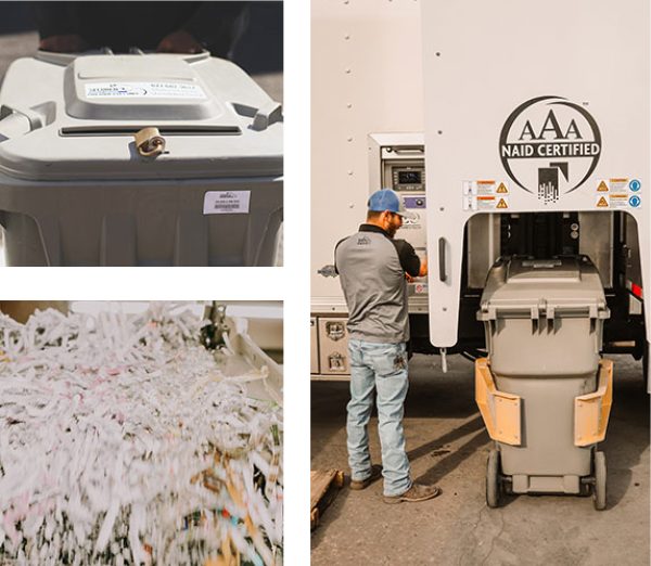 Document shredding bin being loaded onto shred truck